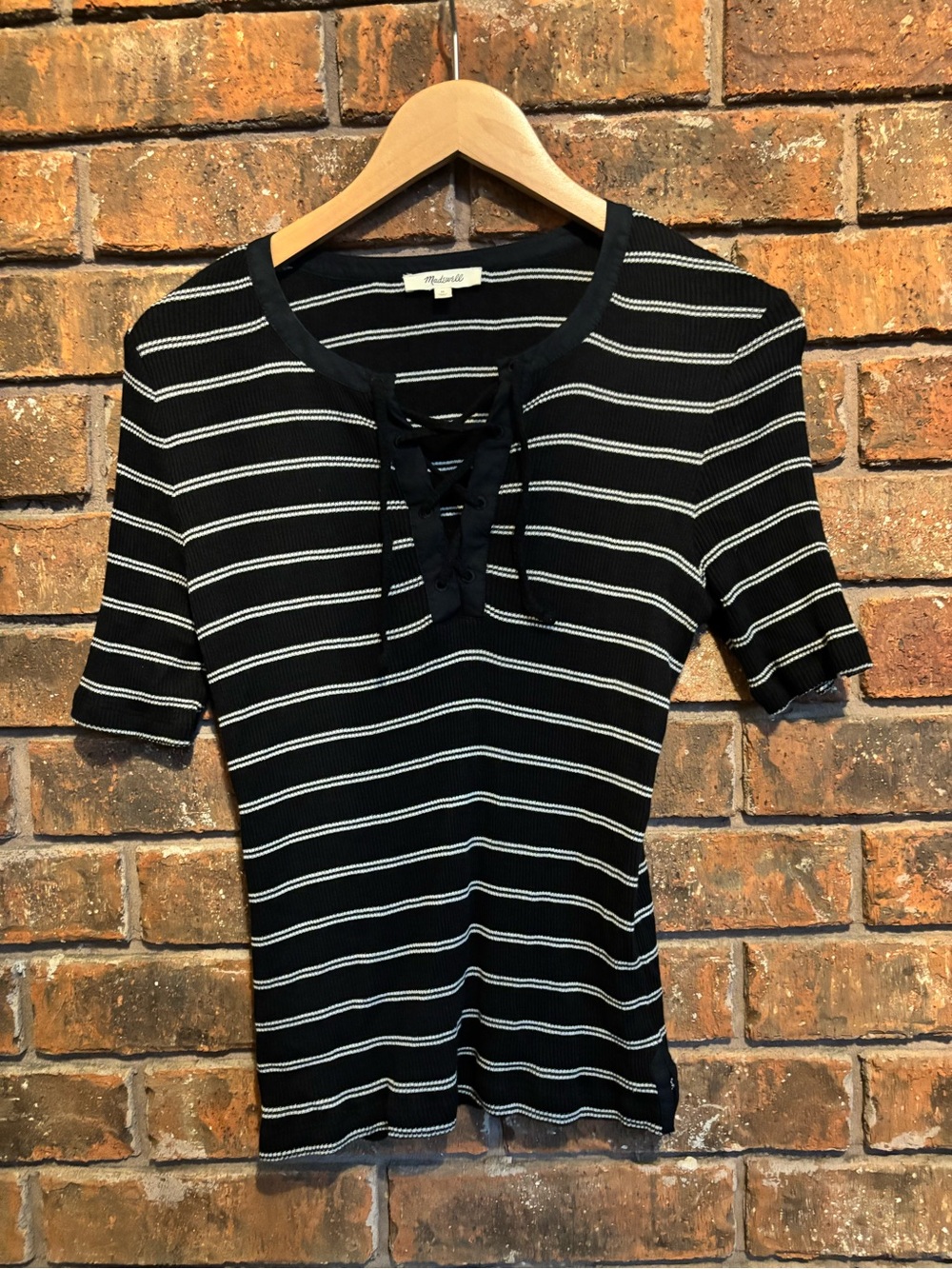 Madewell Black & White Striped Lace-Up Short Sleeve Top